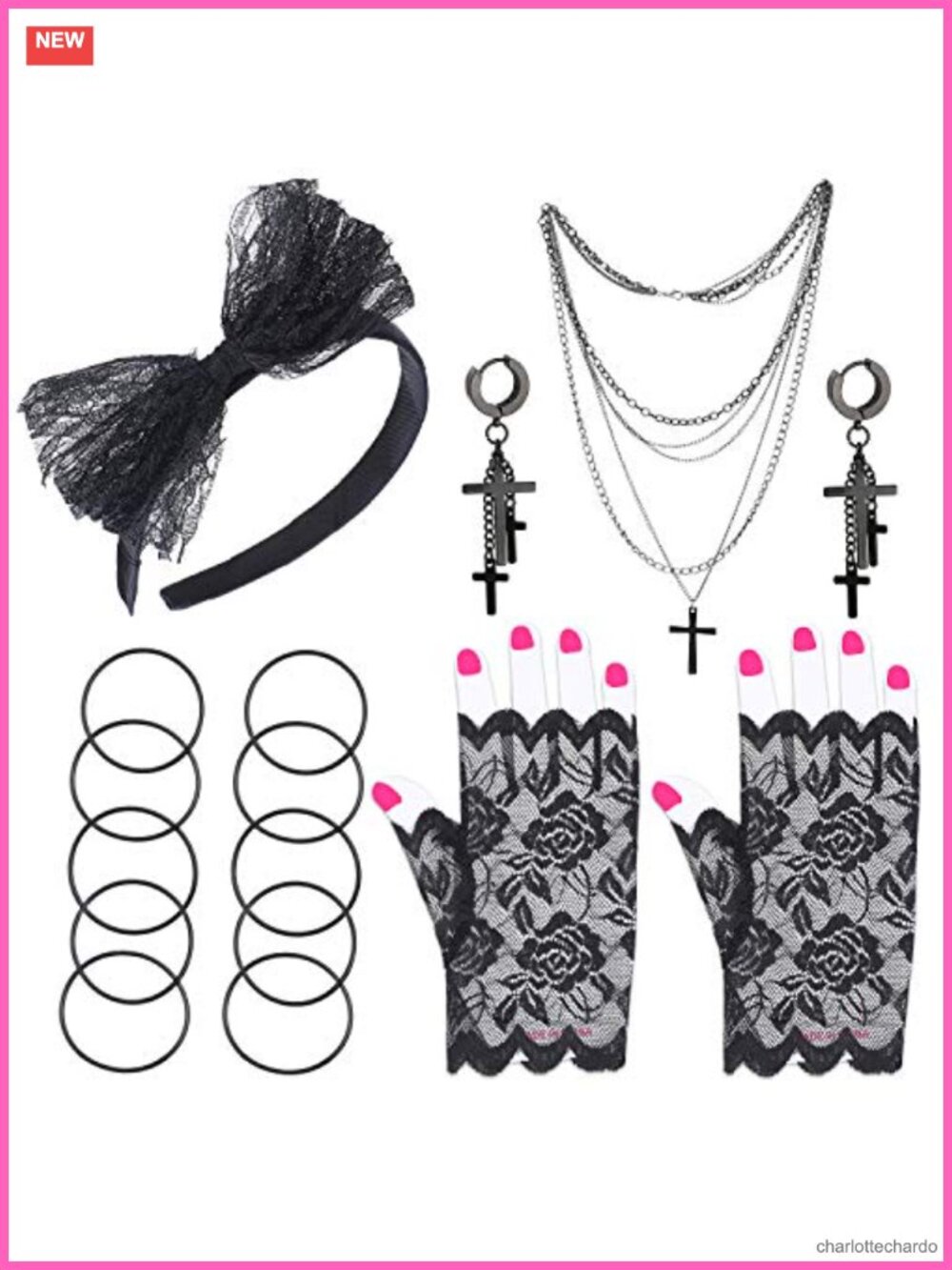 80s Costume Accessories Set Fishnet Lace Gloves Headband Earrings Necklace